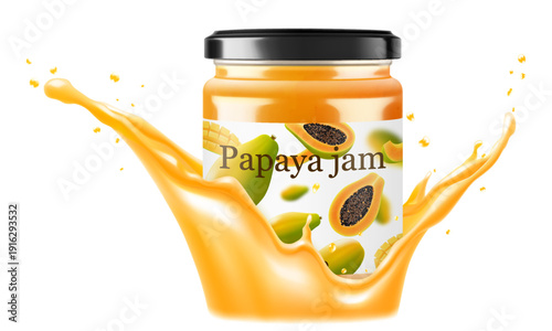Jar with papaya jam in a splash of papaya juice isolated on white background. Glass of papaya marmalade design element. Papaya jam jar icon. Realistic 3d vector illustration. Mockup for your brand.