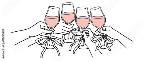 Hands Toasting with Rose Wine Glasses Decorated with Bows Vector Illustration for Celebration Party Isolated on White Background