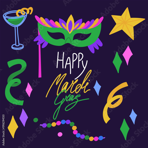 Happy Mardi Gras banner with carnival mask, cocktail, beads and confetti colored rhombus. Flat illustration for festive party posters, celebration greeting cards or masquerade event invitations