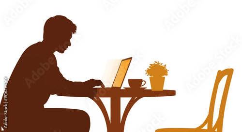Man working on laptop in cafe silhouette