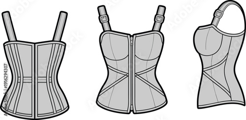 Three views of a gray corset with straps and zipper garment fashion template technical bustier