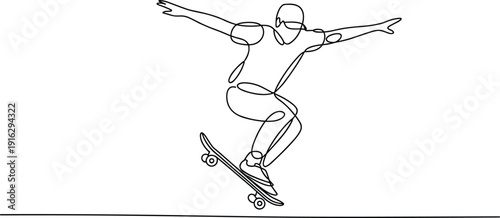 Skateboarder Performing Trick Mid-Air Continuous Line Drawing Minimalist Style