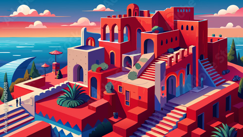 Very beautiful geometric red walls of La Muralla Roja create a labyrinthine architectural dream overlooking the Mediterranean Sea.