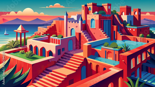 Very beautiful geometric red walls of La Muralla Roja create a labyrinthine architectural dream overlooking the Mediterranean Sea.