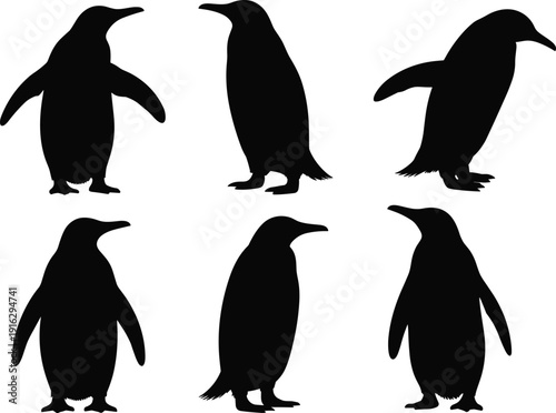 Penguin silhouettes set antarctic bird flat vector illustration isolated on white background wildlife clipart collection bundle design template