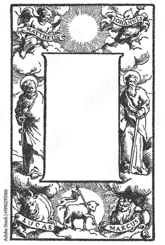 Antique religious woodcut frame vector. Vintage Bible title page with Saint Peter, Paul, and symbols of the Four Evangelists. Engraved Christian border for gospel or church design
