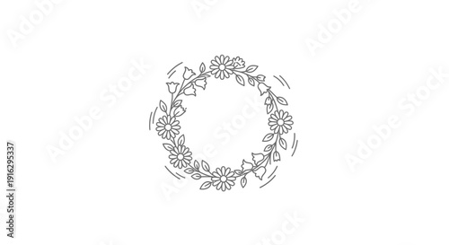 Hand-drawn floral wreath with daisies and leaves, circular frame, delicate botanical illustration