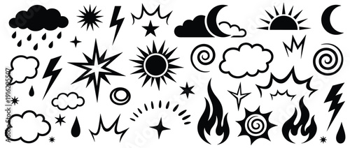 Weather and Celestial Silhouette Icon Set with Sun Moon Stars Lightning Clouds and Fire Elements Vector Illustration Isolated on White Background