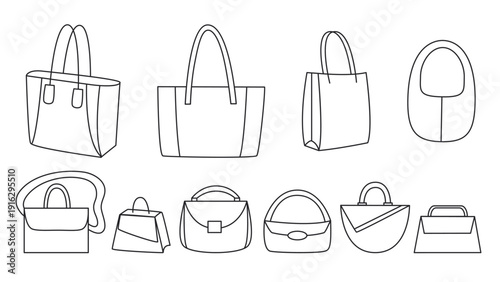 Set of various womens bags in linear style. Shopper, clutch, retro and modern models. Black outline illustrations. Female accessories. cli art, vector graphics