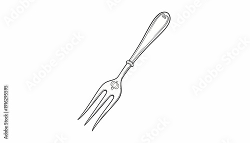 Vintage Fork Drawing, Retro Kitchen Utensil, Elegant Tableware, Black and White Sketch