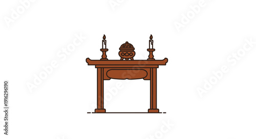 Traditional Altar Table with Candles and Incense Burner, Asian Worship Furniture