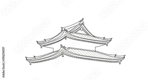 Traditional Chinese Pagoda Roof Architecture Line Drawing