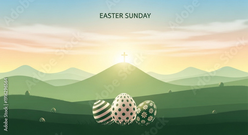 Easter eggs in a serene landscape at sunrise with mountains and hills