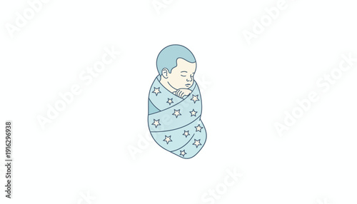 Sleeping Newborn Baby Wrapped in Blue Star Swaddle Blanket, Peaceful Infant Rest