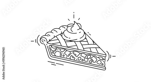 Slice of delicious apple pie with whipped cream, line art illustration, isolated on white background.