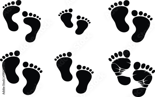 Black human footprint silhouette icon set, bare feet walking steps, flat vector path symbols for tracking