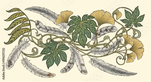 Floral Illustration of Pea Plant with Pods.