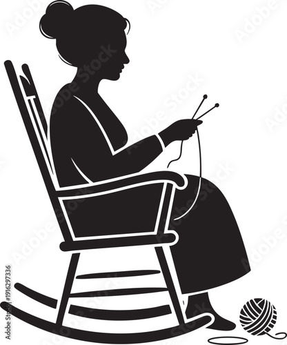 Silhouette of woman knitting in rocking chair with yarn and needles, leisure activity