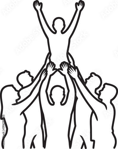 Team lifting person to sky, unity success, collaboration achieving goals