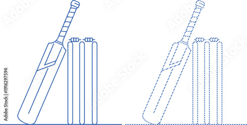 Line set cricket bat and wicket silhouette isolated on transparent background