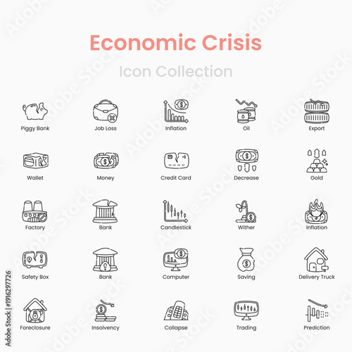 Vector economic crisis icon set with inflation recession and financial decline symbols