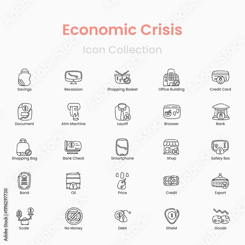 Economic crisis and recession vector icons for finance and business concepts