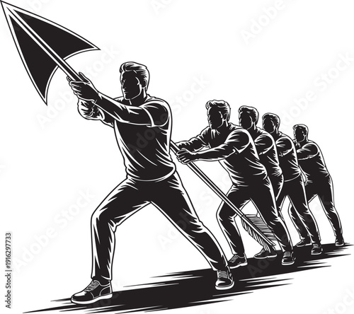 Team pushing arrow forward, leadership and direction, determined progress