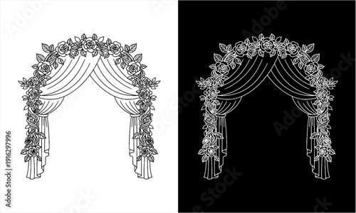 Elegant Wedding Arch with Floral Decorations and Draped Fabric.