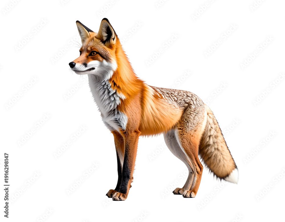 Fototapeta premium Fox standing with alert posture showcasing orange fur and white underbelly on clean white background
