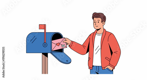 A man in a red jacket putting a letter into a blue mailbox on a wooden post against a clean white background.