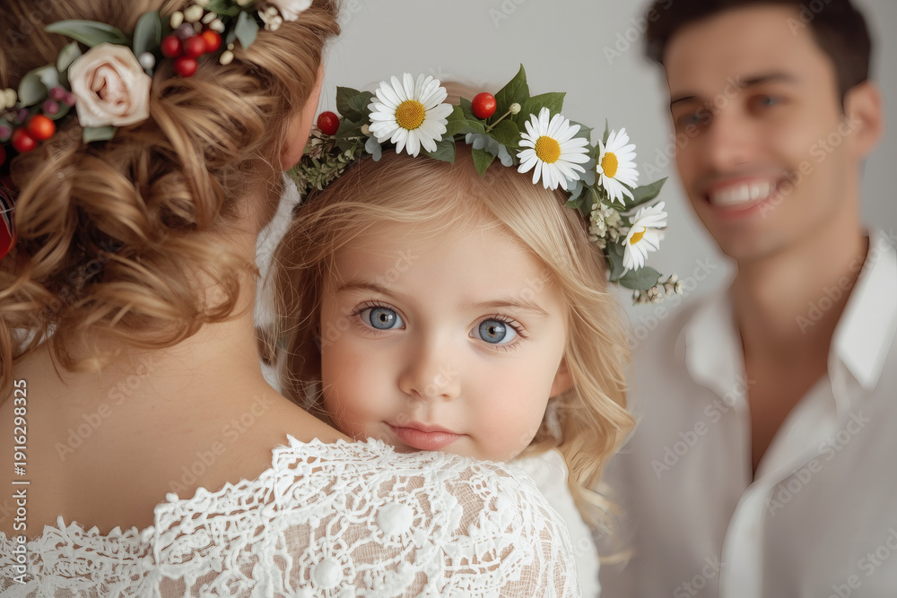 Naklejka premium The concept of the Day of Family, Love, and Fidelity in Russia. A little girl wearing a daisy wreath in her mother's arms.