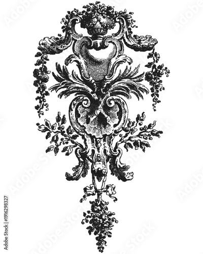 Antique baroque ornament vector with vase and palm leaves. Vintage engraved vertical panel decoration with floral garlands and rococo scrollwork. Detailed element for architectural design