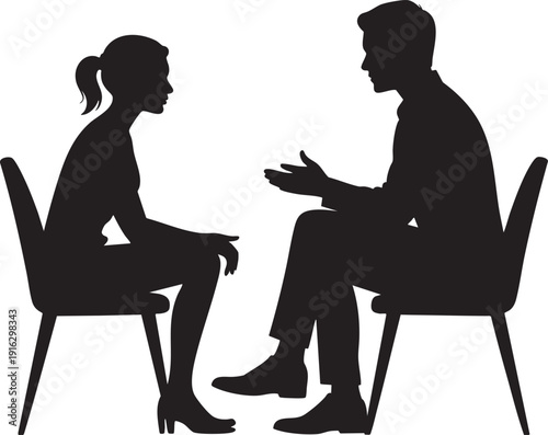 Silhouette couple talking sitting on chairs transparent background illustration
