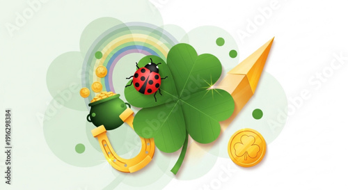 St patrick's day lucky charm with four leaf clover ladybug pot of gold rainbow and coins on white background