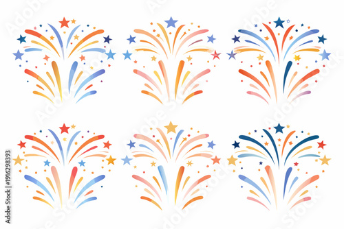 Colorful fireworks displays in shades of orange blue and red