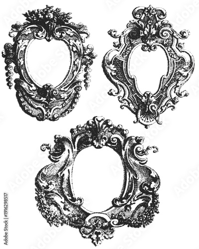 Antique baroque oval cartouche vectors. Vintage engraved ornate frames with floral scrollwork and acanthus leaves. Decorative borders for portrait or label design