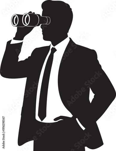 Man in suit looking through binoculars, searching for opportunities, future vision, exploration, and business scouting