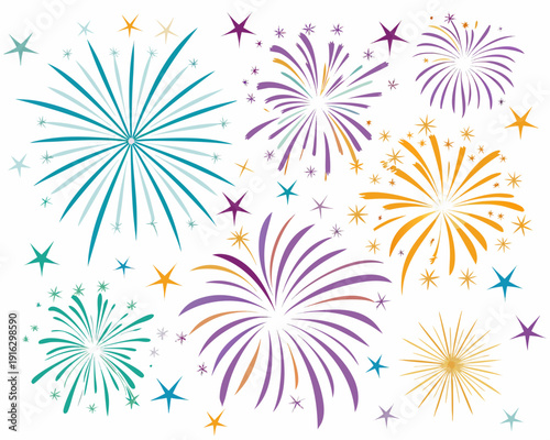 Colorful firework displays burst against a clean white background