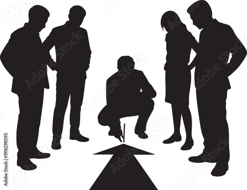 Business group gathered around pointing arrow on ground, strategic planning, teamwork, goal setting, and decision making process
