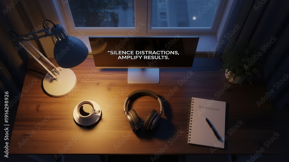 Fototapeta premium Focused Workspace with Headphones and Coffee
