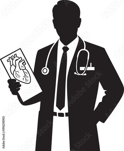 Doctor holding heart diagram stethoscope and medical coat physician with patient chart medical professional in clinic