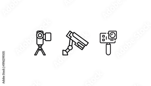 Set of three outline icons featuring a video camera on a tripod, a CCTV security camera, and a handheld camera device.