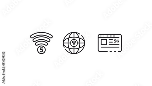 Set of three minimalist outline icons featuring a paid Wi-Fi symbol with a dollar sign, a global security globe with a padlock, and a 5G network digital card interface.