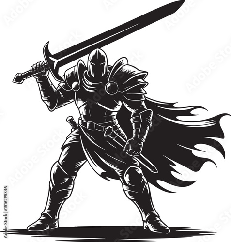 Knight in armor holding large sword ready for battle warrior in fantasy armor with cape and sword isolated