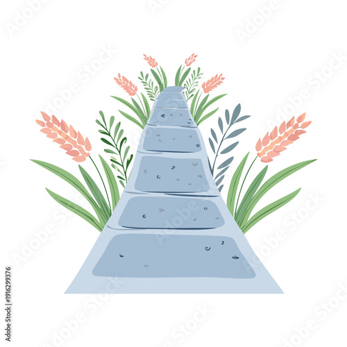 Flat design of a gray walkway leading through green plants and golden wheat under a bright nature sky