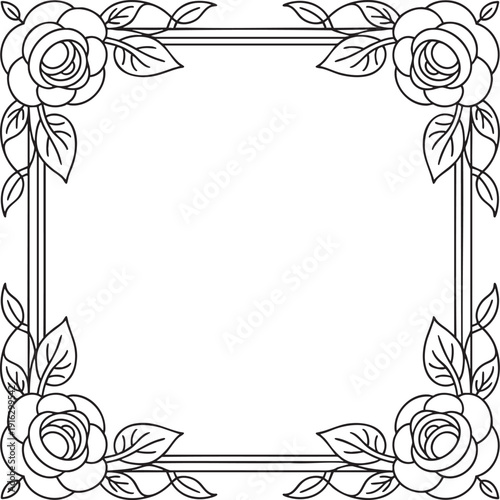 Elegant floral square border with roses and leaves, vintage decorative frame design for invitations