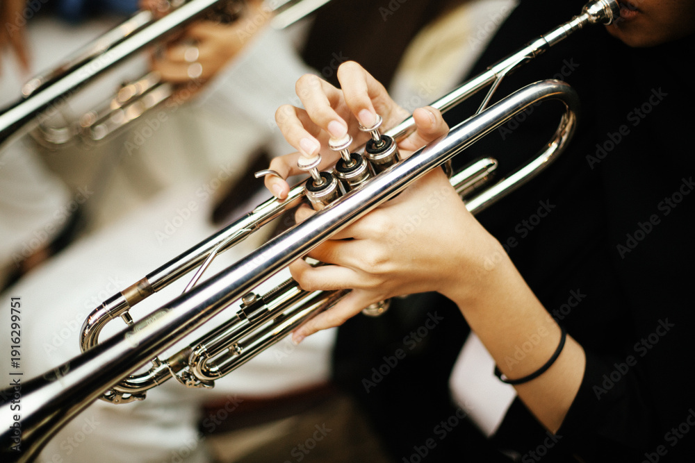 Fototapeta premium Close-up Trumpet Player Practicing in a Music Rehearsal Room
