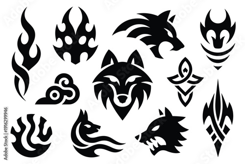 Collection of Black Tribal Style Wolf and Flame Tattoo