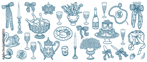 Elegant Luxury Celebration and Wedding Collection with Champagne Teapot Cake and Bows Blue Minimalist Line Art Vector Illustration Set