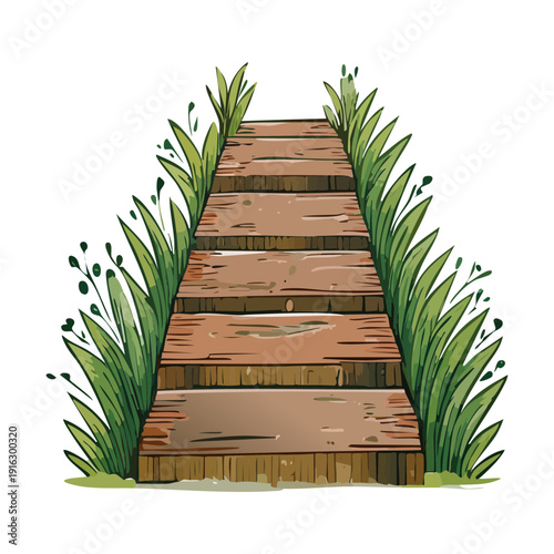 Stone walkway through a field of wild flowers and green grass under a clear nature sky